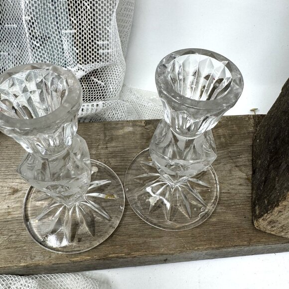 Vintage Crystal Candle Holders Set Of 2 Etched Floral Design Clear Glass Elegant - Picture 4 of 7